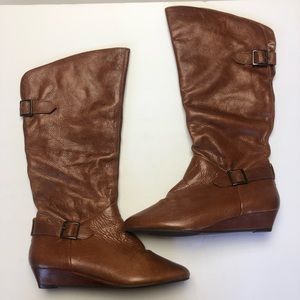 Cathy Jeans Wedge Leather Booties Cognac Brown